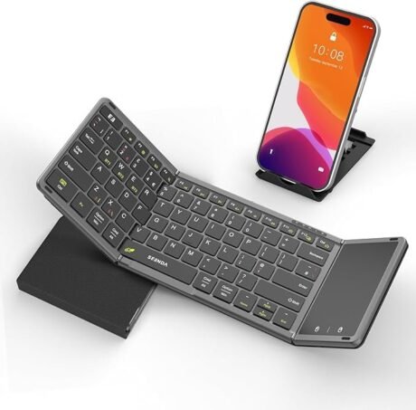 Seenda Foldable Bluetooth Keyboard with Touchpad, Folding Portable Travel Rechargeable Wireless Mini Keyboard UK Layout for iOS Android Windows PC Tablet Mobile Phone iphone ipad, Black