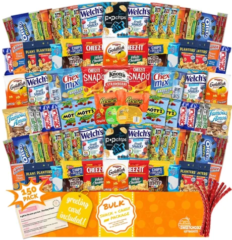 Snack Box Care Package (150) Variety Snacks Gift Box Bulk Snacks -, College Students, Military, Work or Home – Over 9 Pounds of Snacks! Snack Box Fathers gift basket gifts for men